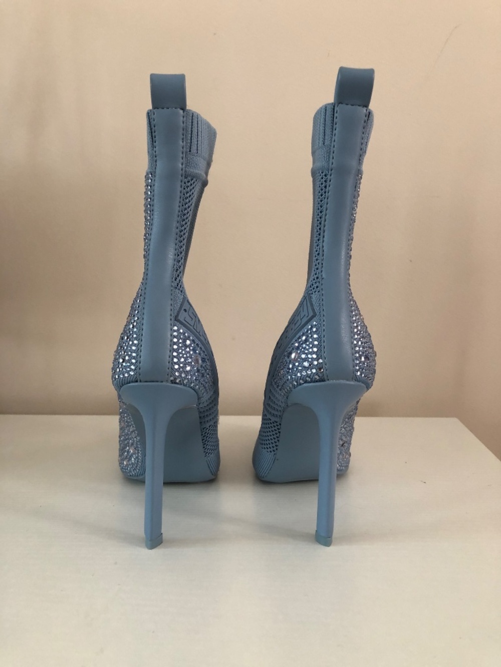 Steve Madden Maxelle Cinderella Blue Rhinestone Knit Ankle Stiletto Sock Booties - Picture 4 of 7